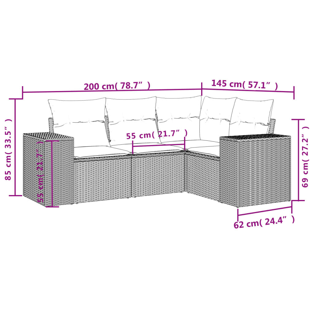 vidaXL 4 Piece Garden Sofa Set with Cushions Grey Poly Rattan
