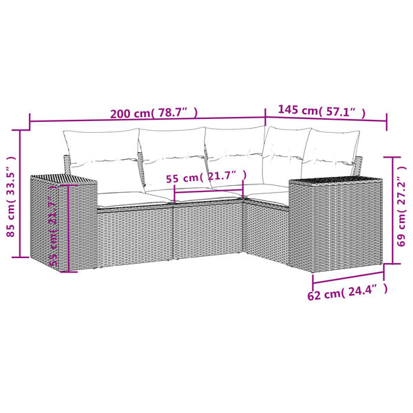 vidaXL 4 Piece Garden Sofa Set with Cushions Grey Poly Rattan