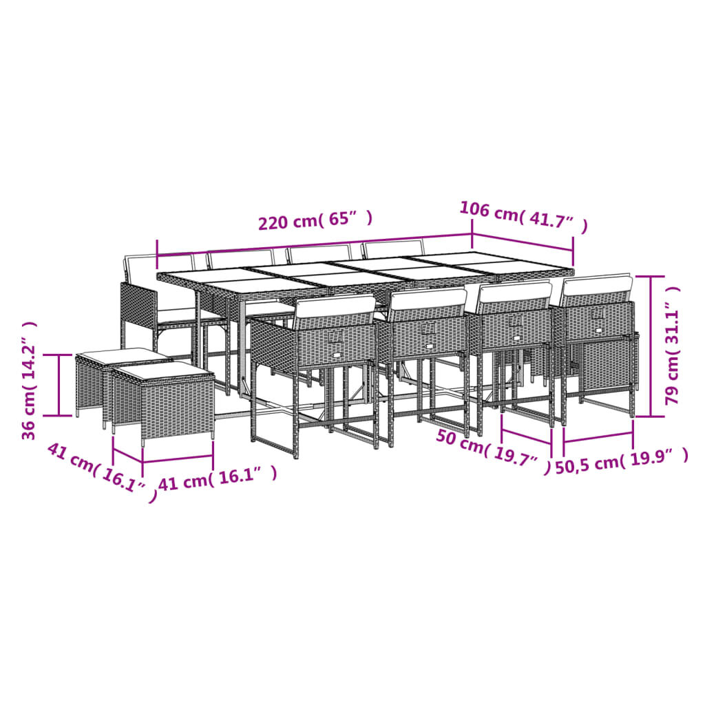 vidaXL 13 Piece Garden Dining Set with Cushions Grey Poly Rattan