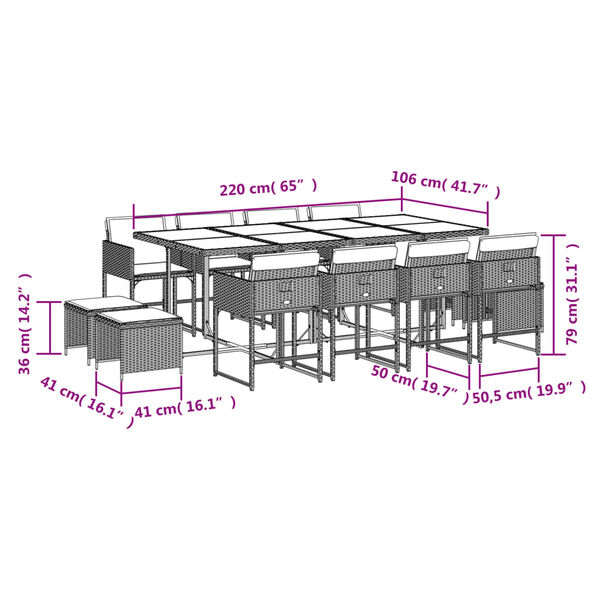 vidaXL 13 Piece Garden Dining Set with Cushions Grey Poly Rattan