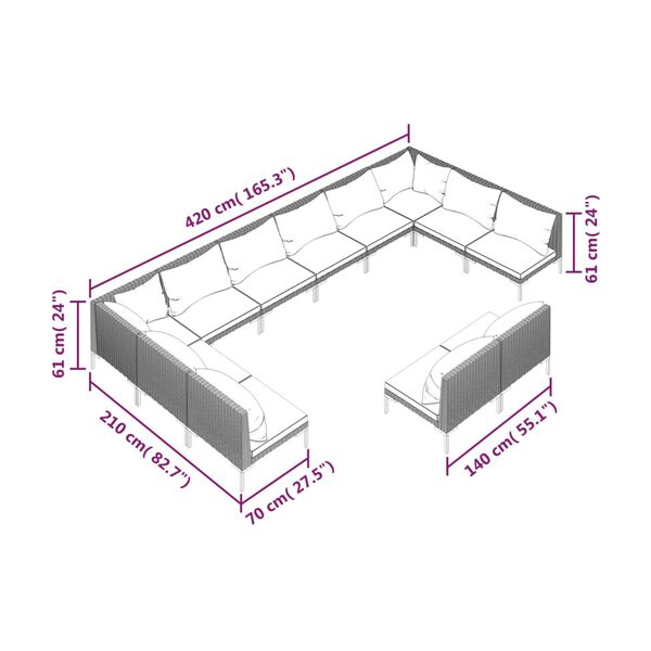 vidaXL 12 Piece Garden Lounge Set with Cushions Poly Rattan Dark Grey