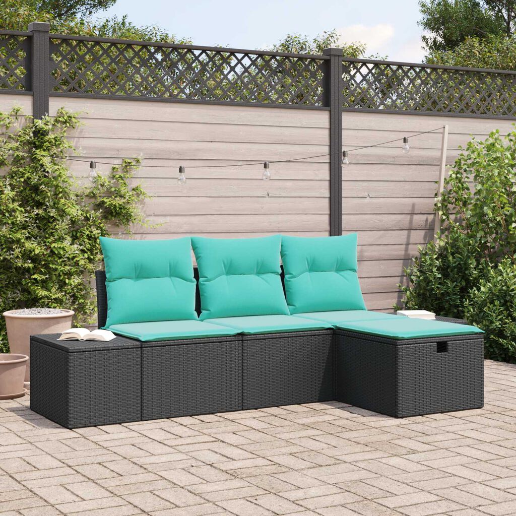 vidaXL 4 Piece Garden Sofa Set with Cushions Black Poly Rattan