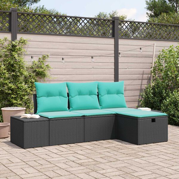 vidaXL 4 Piece Garden Sofa Set with Cushions Black Poly Rattan
