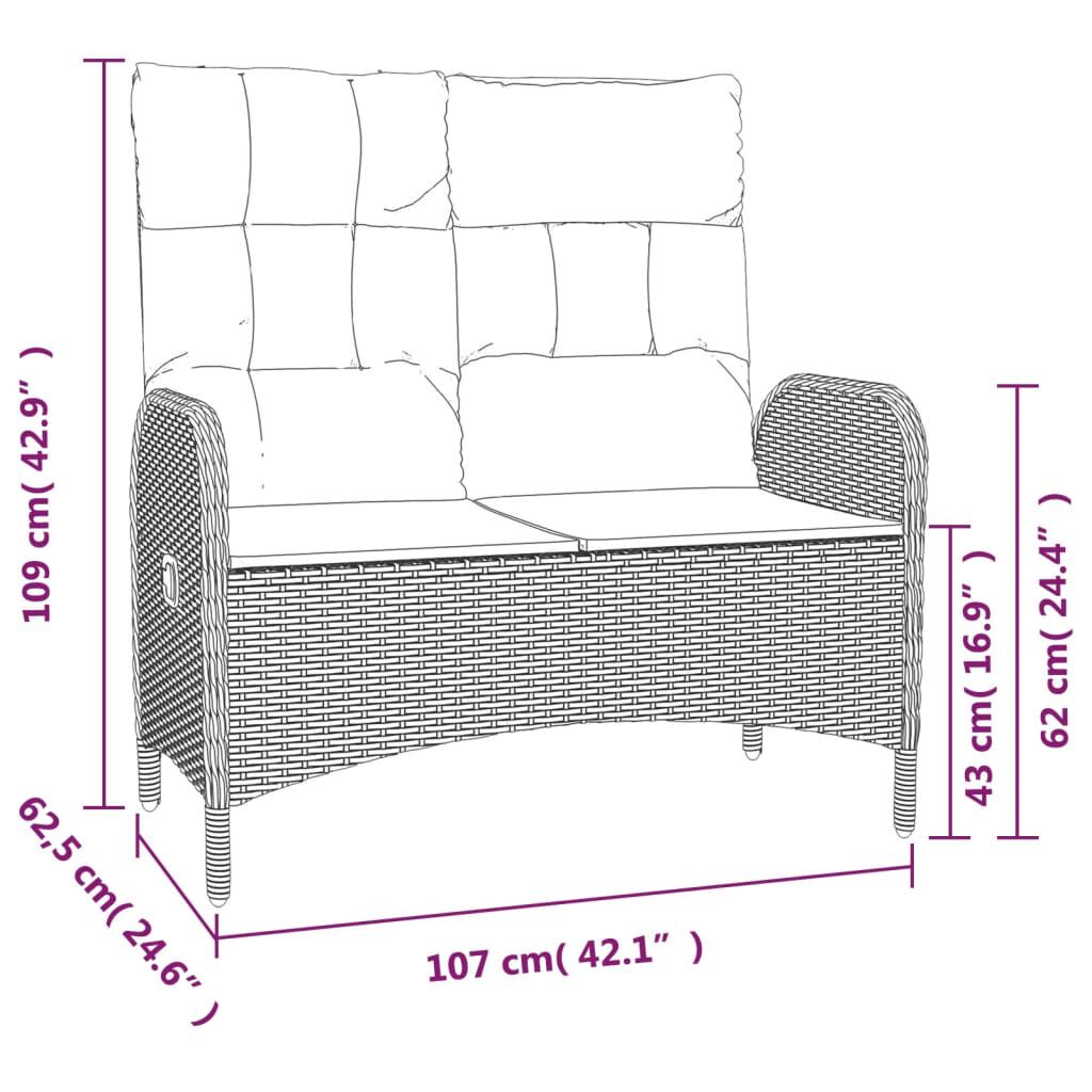vidaXL Reclining Garden Bench with Cushions 107 cm Poly Rattan Black