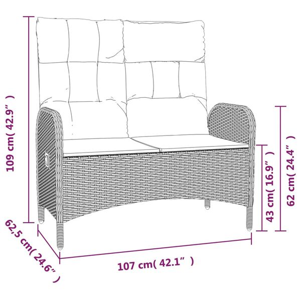 vidaXL Reclining Garden Bench with Cushions 107 cm Poly Rattan Black