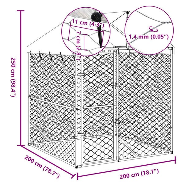 vidaXL Outdoor Dog Kennel with Roof Silver 2x2x2.5 m Galvanised Steel