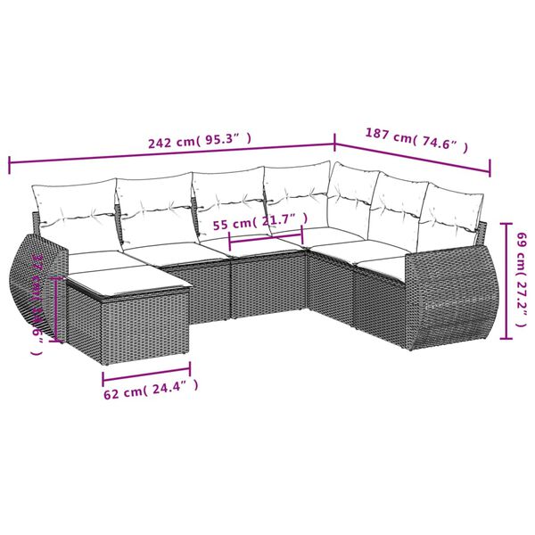 vidaXL 7 Piece Garden Sofa Set with Cushions Black Poly Rattan