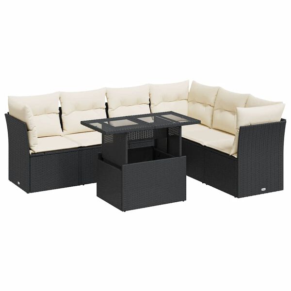 vidaXL 7 Piece Garden Sofa Set with Cushions Black Poly Rattan
