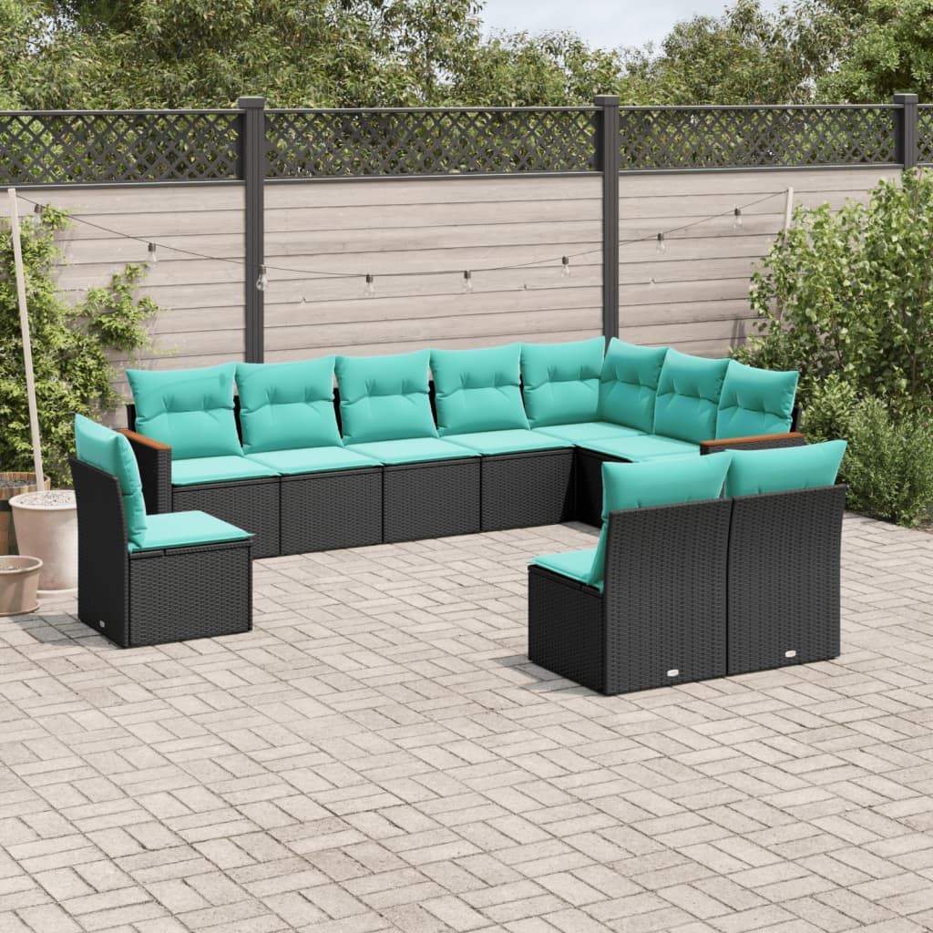 vidaXL 10 Piece Garden Sofa Set with Cushions Black Poly Rattan