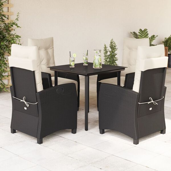 vidaXL 5 Piece Garden Dining Set with Cushions Black Poly Rattan