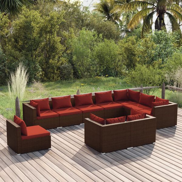 vidaXL 10 Piece Garden Lounge Set with Cushions Poly Rattan Brown