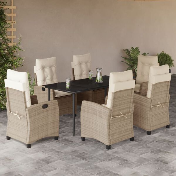 vidaXL 7 Piece Garden Dining Set with Cushions Beige Poly Rattan
