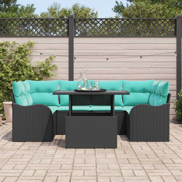 vidaXL 7 Piece Garden Sofa Set with Cushions Black Poly Rattan