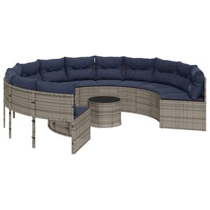 vidaXL Garden Sofa with Table and Cushions Round Grey Poly Rattan