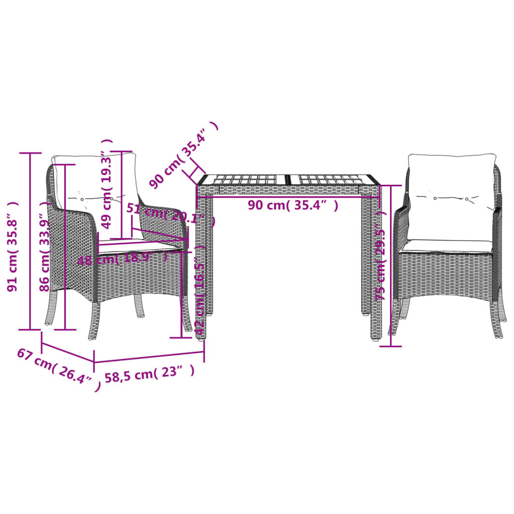vidaXL 3 Piece Garden Dining Set with Cushions Grey Poly Rattan