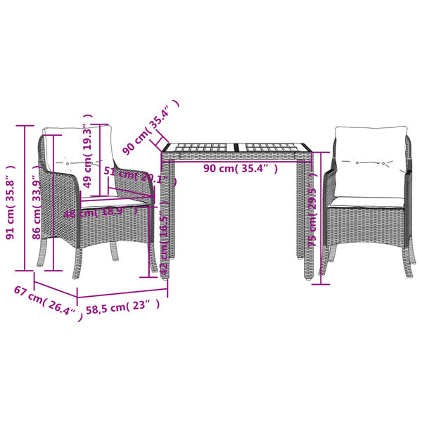 vidaXL 3 Piece Garden Dining Set with Cushions Grey Poly Rattan
