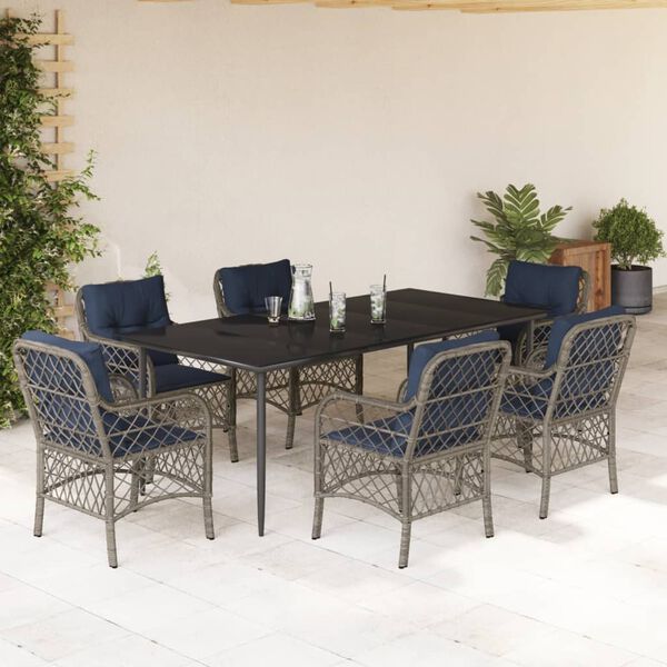 vidaXL 7 Piece Garden Dining Set with Cushions Grey Poly Rattan
