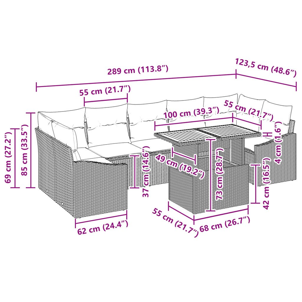 vidaXL 8 Piece Garden Sofa Set with Cushions Grey Poly Rattan Acacia