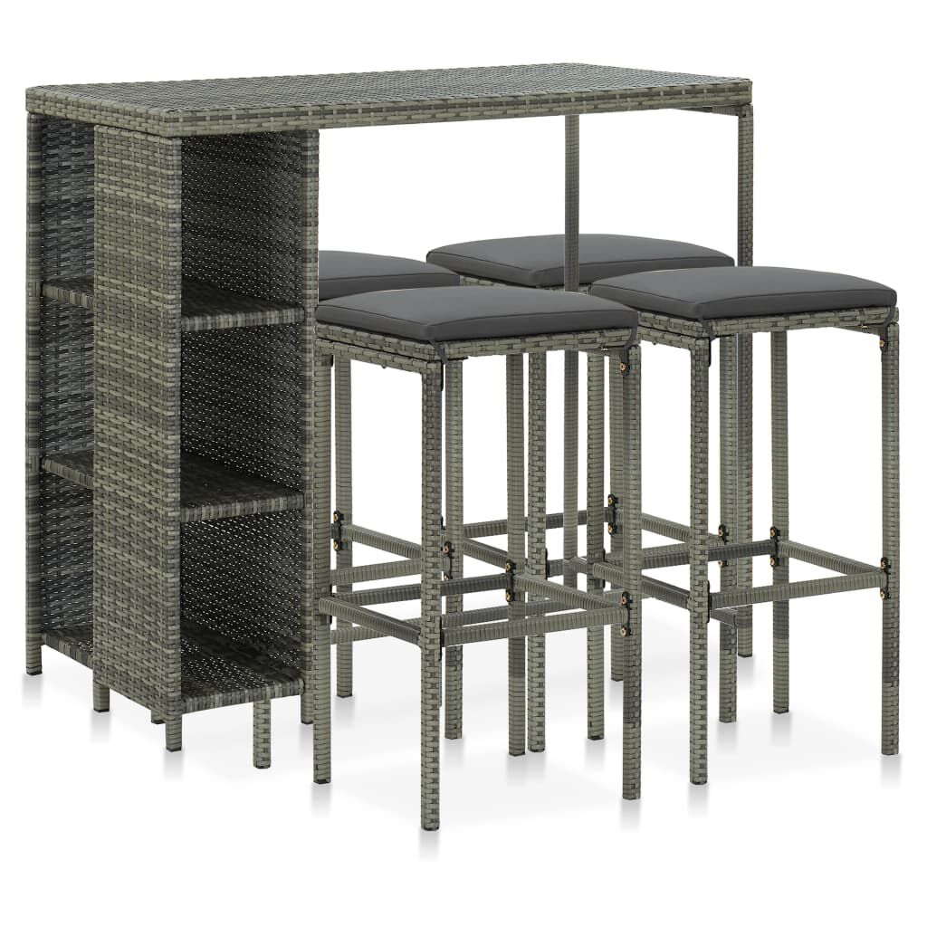 vidaXL 5 Piece Garden Bar Set with Cushions Poly Rattan Grey