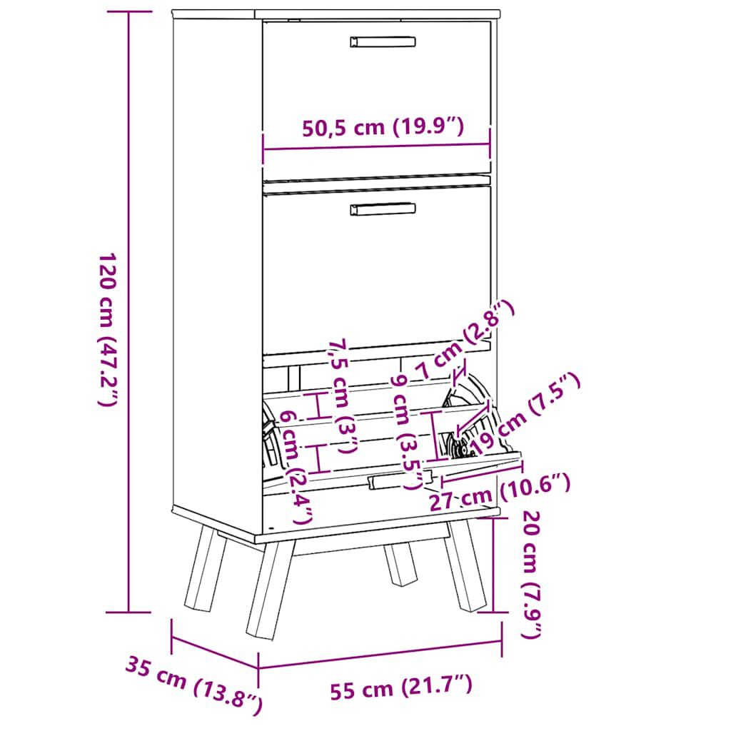 vidaXL Shoe Cabinet OLDEN Brown 55x35x120cm Solid Wood Pine