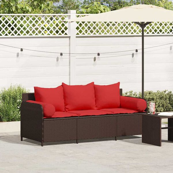 vidaXL Garden Sofa with Cushions 3-Seater Brown Poly Rattan
