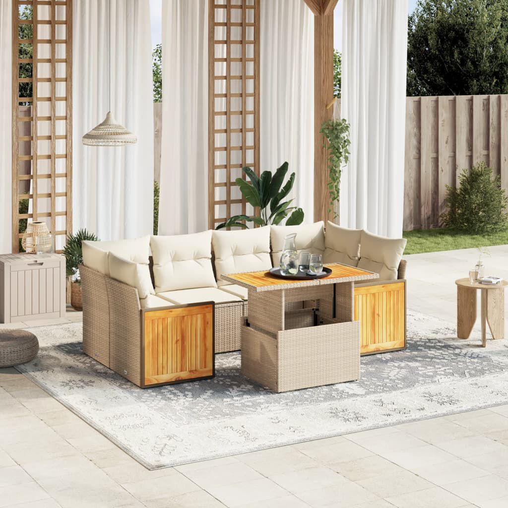 vidaXL 7 Piece Garden Sofa Set with Cushions Beige Poly Rattan
