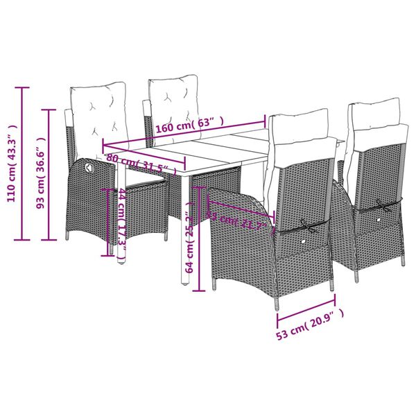 vidaXL 5 Piece Garden Dining Set with Cushions Brown Poly Rattan