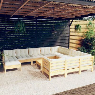 vidaXL 12 Piece Garden Lounge Set with Cream Cushions Pinewood