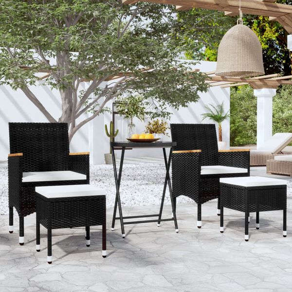 vidaXL 5 Piece Garden Bistro Set Poly Rattan and Tempered Glass Black