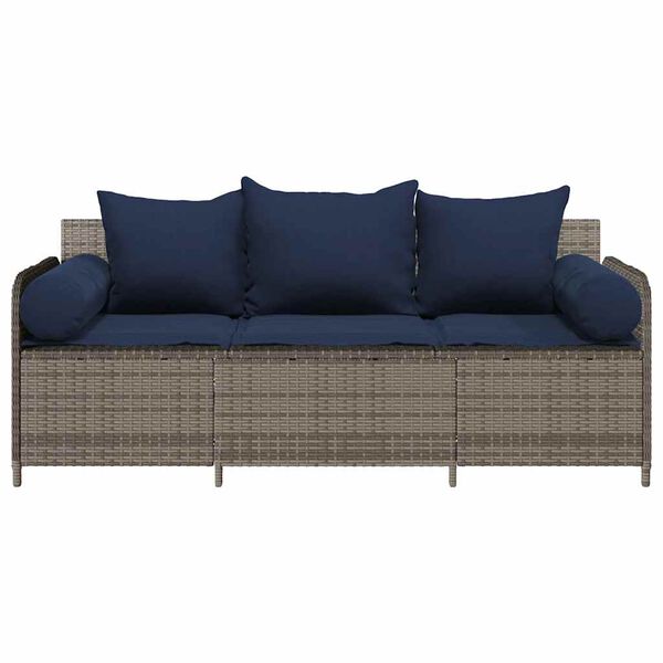 vidaXL Garden Sofa with Cushions 3-Seater Grey Poly Rattan