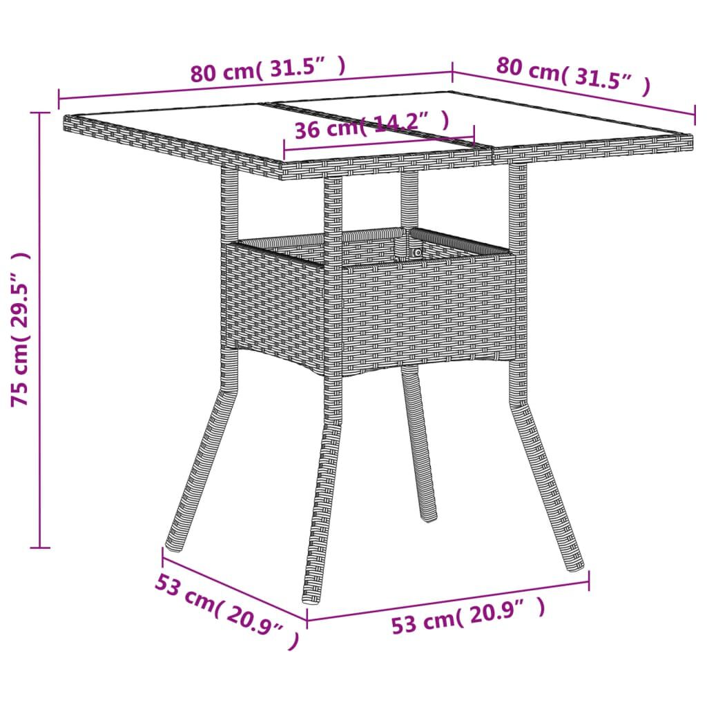 vidaXL Garden Table with Glass Top Light Grey 80x80x75 cm Poly Rattan