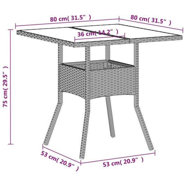vidaXL Garden Table with Glass Top Light Grey 80x80x75 cm Poly Rattan