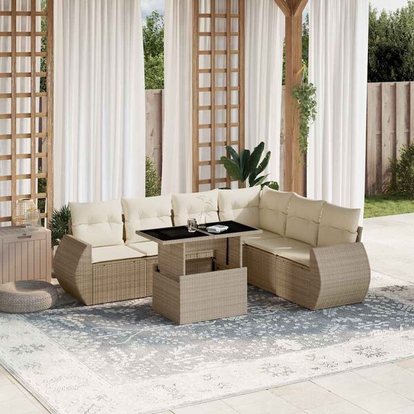 vidaXL 7 Piece Garden Sofa Set with Cushions Beige Poly Rattan