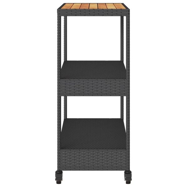 vidaXL Bar Cart 3-Tier Black Poly Rattan and Solid Wood Acacia