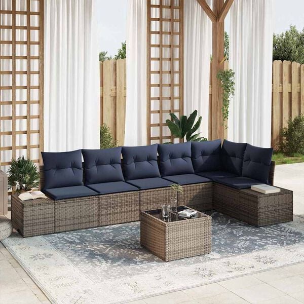 vidaXL Garden Sofa Set with Cushion 7 pcs Grey Poly Rattan