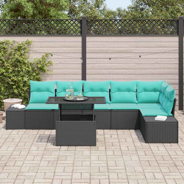 vidaXL Garden Sofa Set with Cushion 7 pcs Black Poly Rattan