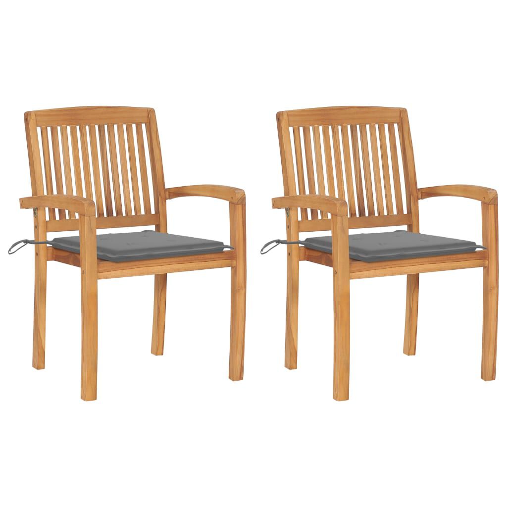 vidaXL Garden Chairs 2 pcs with Grey Cushions Solid Teak Wood