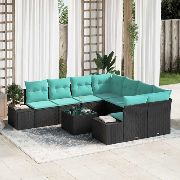 vidaXL 9 Piece Garden Sofa Set with Cushions Black Poly Rattan