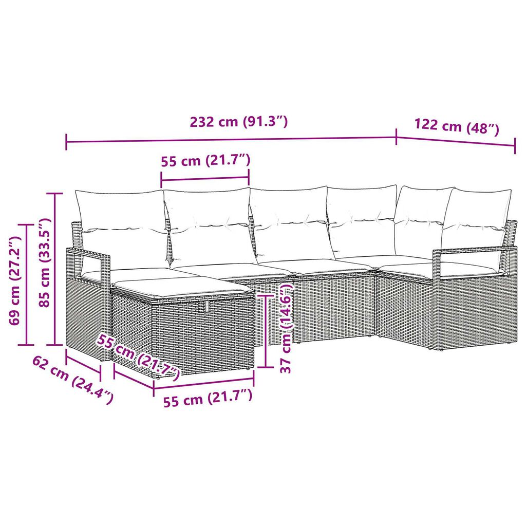 vidaXL 6 Piece Garden Sofa Set with Cushions Black Poly Rattan