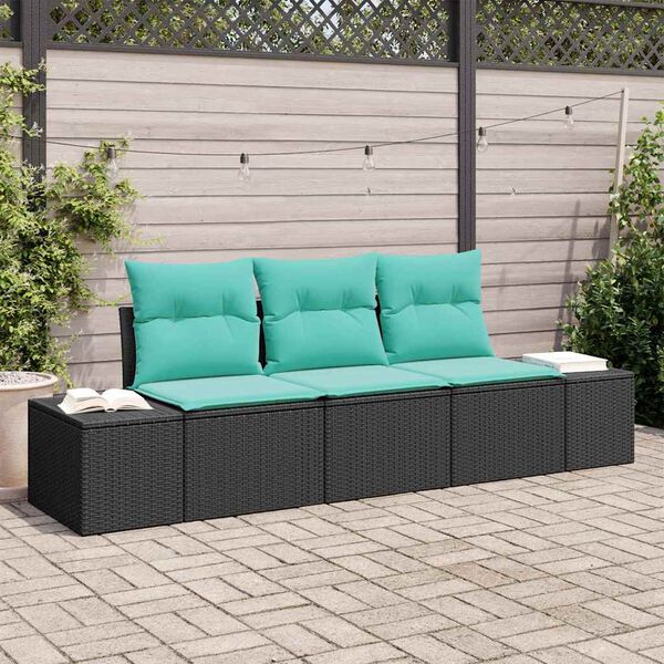 vidaXL Sofa Set with Cushion 3 pcs Black Poly Rattan