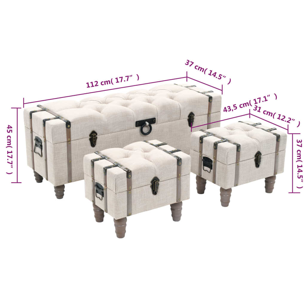 vidaXL Storage Benches 3 pcs Cream Solid Wood Fir&Fabric