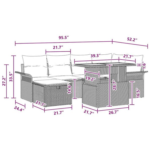 vidaXL Garden Sofa Set Height-Adjustable 7 pcs Black Poly Rattan