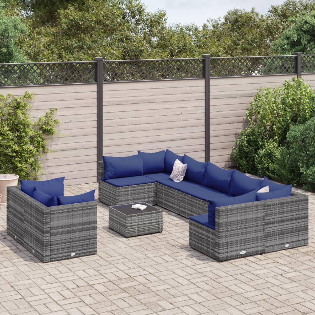 vidaXL 9 Piece Garden Sofa Set with Cushions Grey Poly Rattan