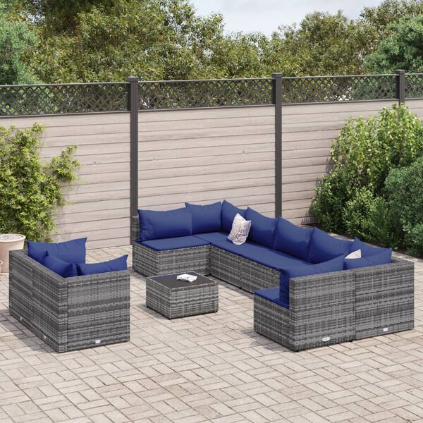 vidaXL 9 Piece Garden Sofa Set with Cushions Grey Poly Rattan