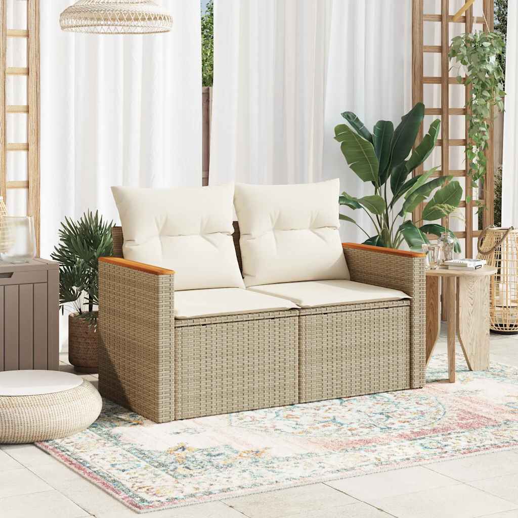 vidaXL Garden Sofa with Cushions 2-Seater Beige Poly Rattan
