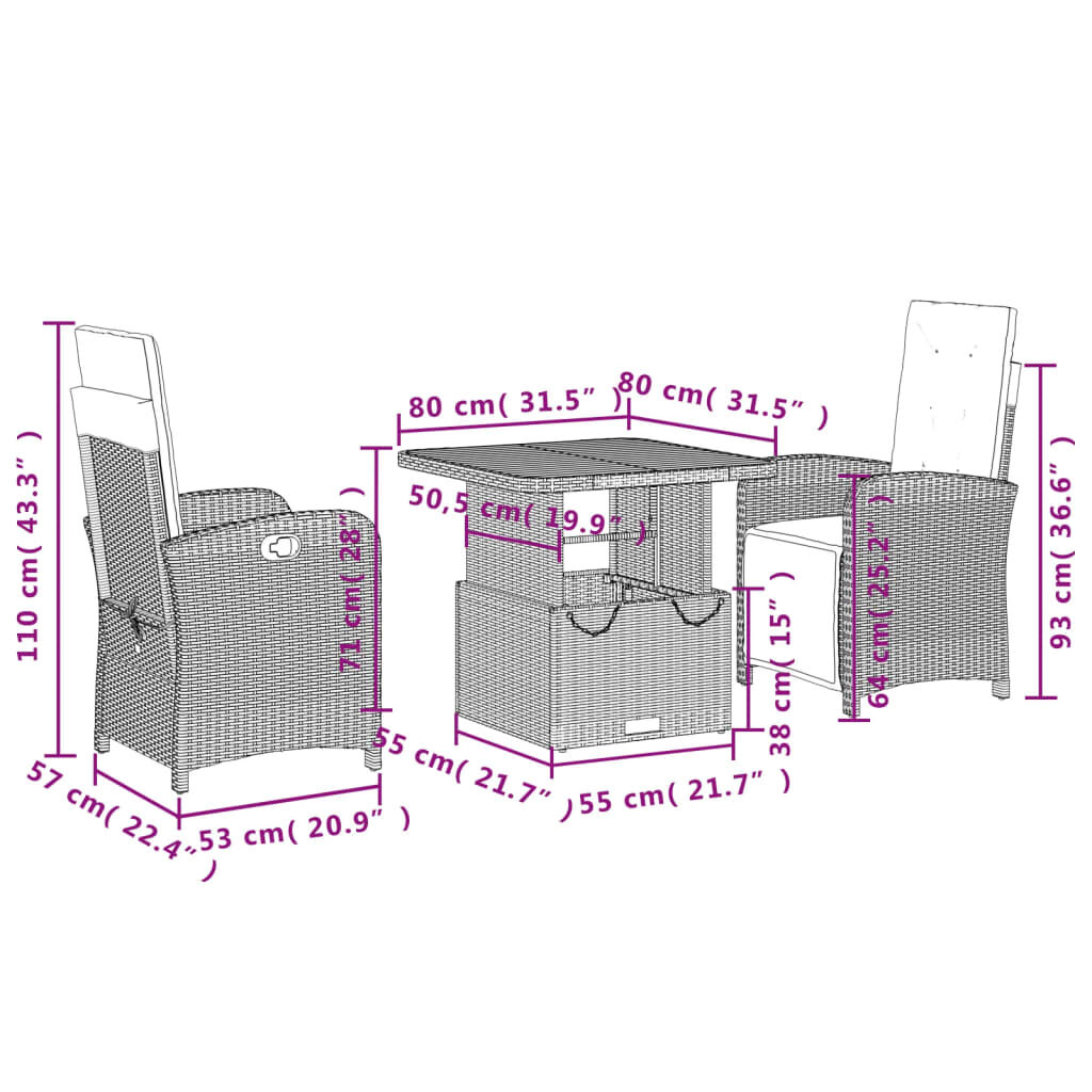 vidaXL 3 Piece Garden Dining Set with Cushions Black Poly Rattan