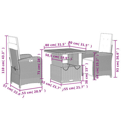 vidaXL 3 Piece Garden Dining Set with Cushions Black Poly Rattan