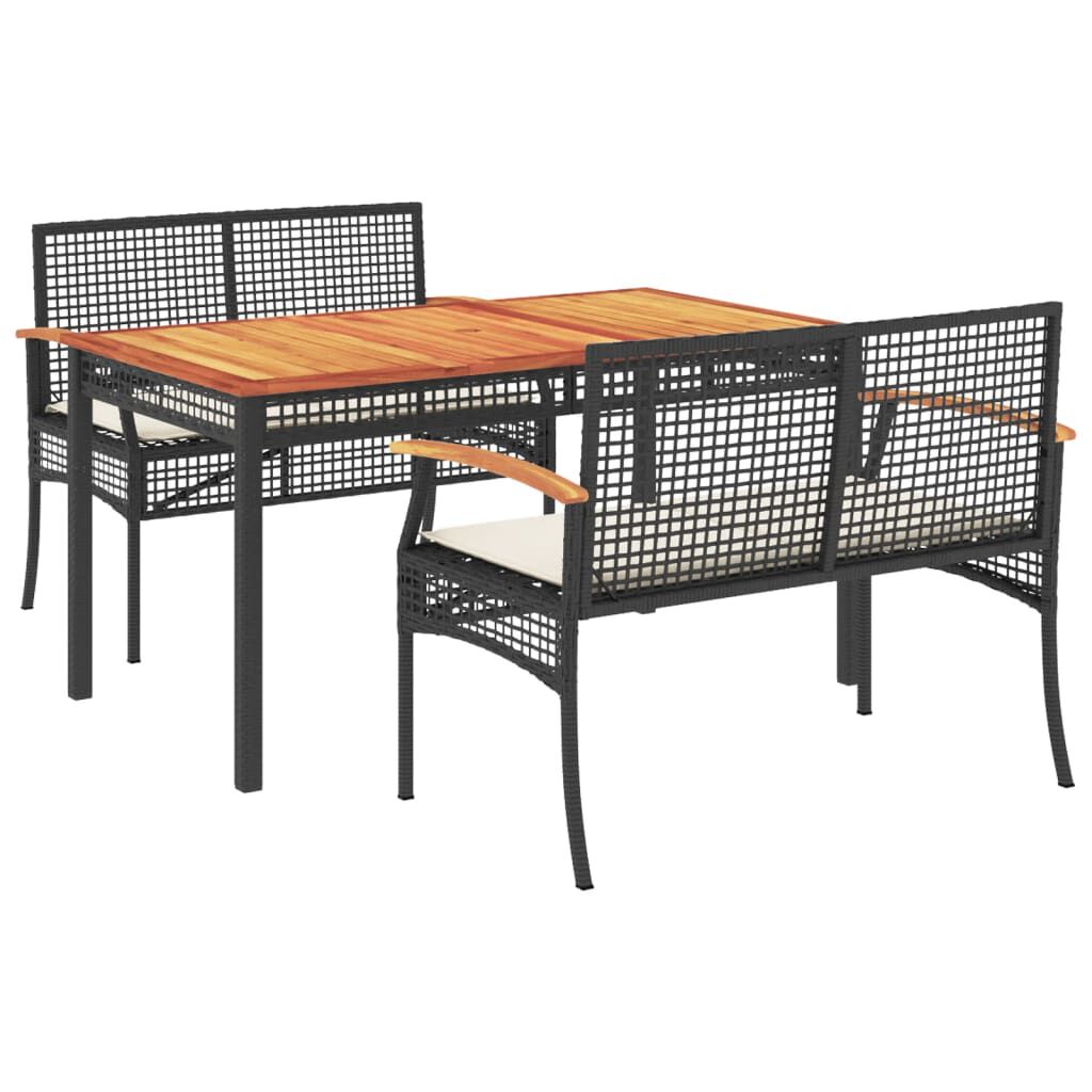 vidaXL 3 Piece Garden Dining Set with Cushions Black Poly Rattan