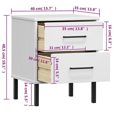 vidaXL Bedside Cabinet with Metal Legs White Solid Wood Pine OSLO