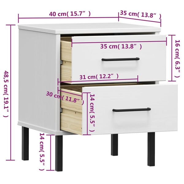 vidaXL Bedside Cabinet with Metal Legs White Solid Wood Pine OSLO
